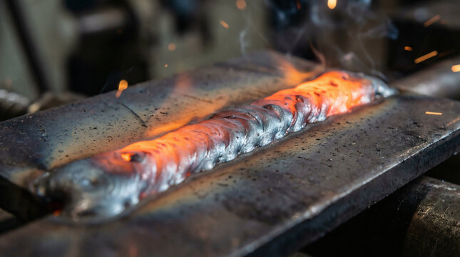 Freshly Welded Steel Plate with Glowing Hot Bead and Smoke