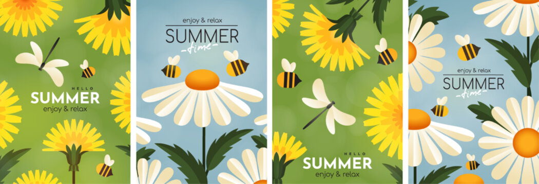 Summer posters with dandelions and daisies