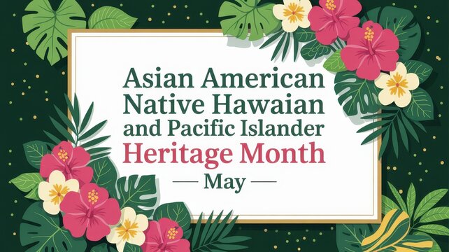 Asian American Native Hawaiian and Pacific Islander Heritage Month celebration banner with tropical flowers