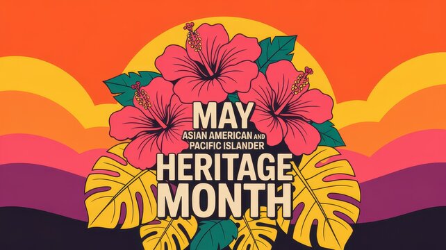 Asian American and Pacific Islander Heritage Month graphic with tropical hibiscus flowers and retro sunset background