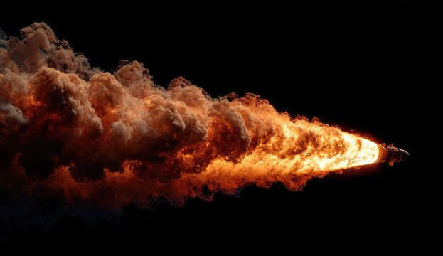 Fiery Jet Engine Exhaust Trail Against Black Background.