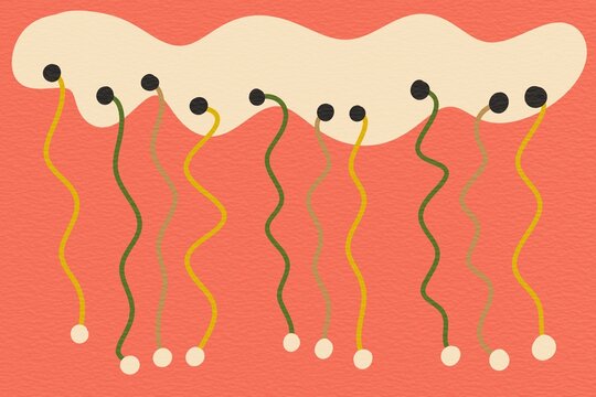 Abstract organic wavy pattern with dots on coral backdrop