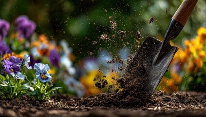 Fototapeta premium A vibrant garden scene captures the motion of a shovel digging into the earth, surrounded by a colorful array of blooming flowers.