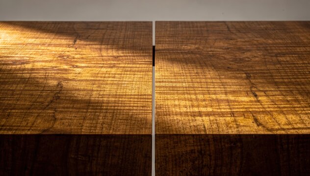 Medium shot of glossy bookmatched veneer panels with straight grain patterns highlighting precise alignment and premium craftsmanship in woodwork.