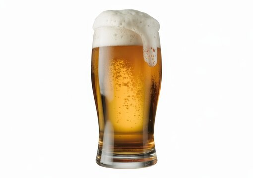 Cold lager beer in a glass with thick foam overflowing isolated on white background