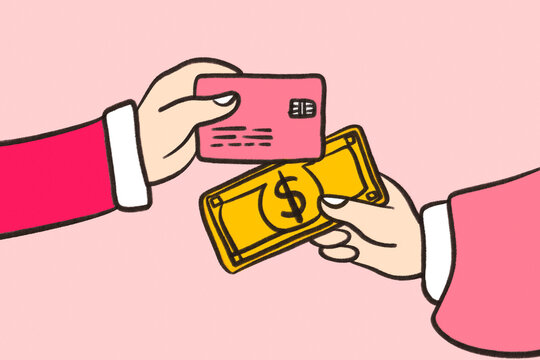 Cartoon hands exchanging cash and card for a contract deal