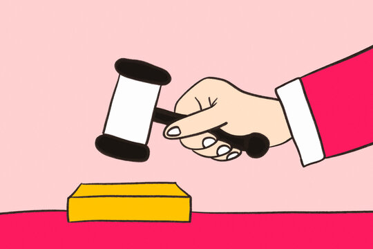 Auction gavel over bidding block for finance contract deal