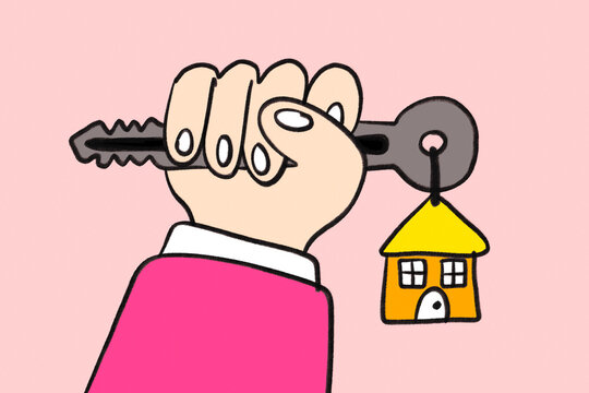 Hand holding key with house icon, mortgage contract concept