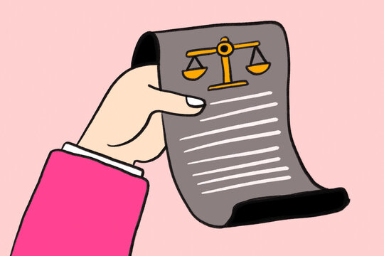 Financial contract document with law balance icon in hand