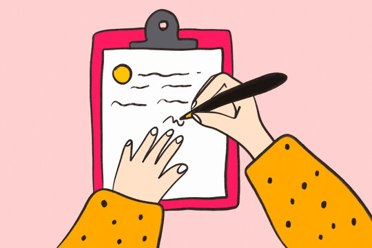 Hand signing financial contract on clipboard illustration