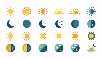 Flat day and night icon set with sun and moon symbols vector illustration isolated on white background for weather and time concept © Mst.Razia