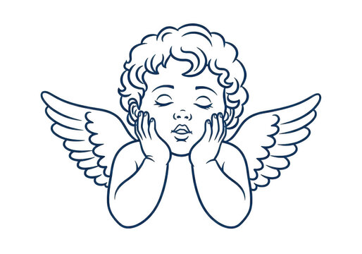 A detailed line art illustration of a cute cherub angel with curly hair and spread out wings isolated on transparent background