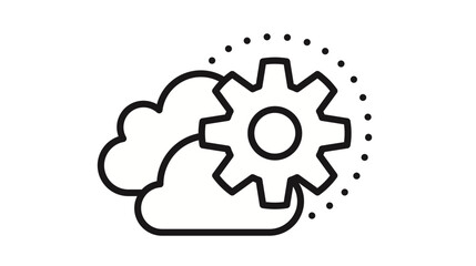 Cloud computing settings and configuration vector icon illustration. Minimalist black silhouette symbol of a cloud with a gear cogwheel and dotted circular accents for data management and storage. © Waleed