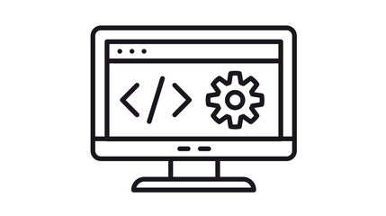 Web development and software programming vector icon illustration featuring a computer monitor with a browser window displaying code symbols and a gear for settings and configuration. © Waleed