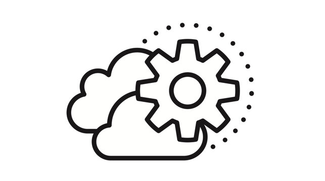 Cloud computing settings and configuration vector icon illustration. Minimalist black silhouette symbol of a cloud with a gear cogwheel and dotted circular accents for data management and storage.