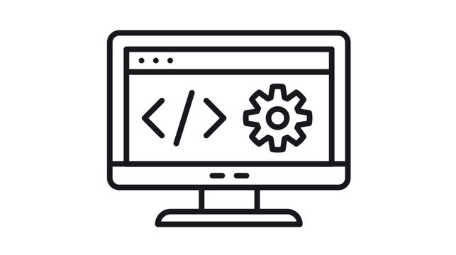 Web development and software programming vector icon illustration featuring a computer monitor with a browser window displaying code symbols and a gear for settings and configuration.