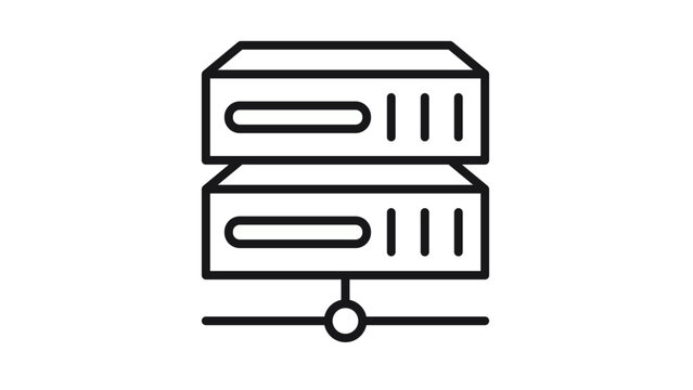 Black vector icon of stacked server units with a network connection symbol, minimalist illustration representing data center, cloud computing, web hosting, database storage, and IT infrastructure.