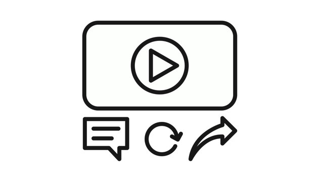 Minimalist black vector icon set for video player interface featuring play button, comment bubble, replay arrow, and share symbol, ideal for multimedia web design and mobile app UI.