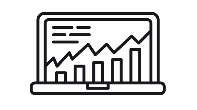 Laptop computer displaying business data analysis with line graph and bar chart, minimalist black vector icon illustration for financial growth, statistics, and digital marketing reports.