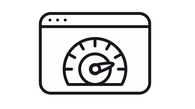 Web Browser Performance and Speed Optimization Vector Icon. Minimalist Black Silhouette Illustration of a Website Window with a Speedometer Gauge for SEO, Fast Loading, and Internet Speed.