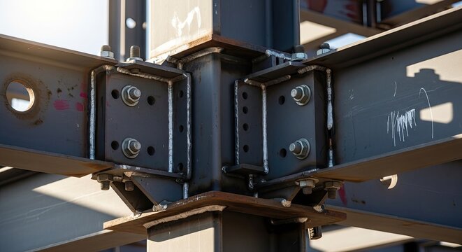 Close up of steel beam connection with bolts construction engineering