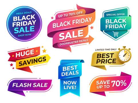 Modern Black Friday Sale Banners Set with Gradient Ribbons, Discount Labels, Promotional Badges and Deal Tags Vector Collection