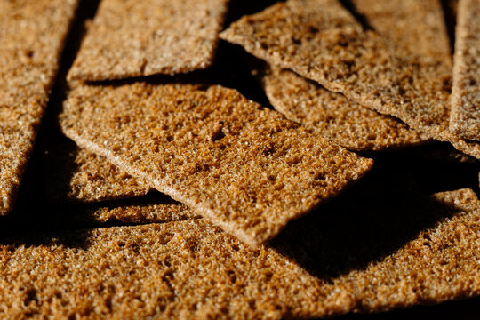 Close-up of crunchy rye crispbread snacks