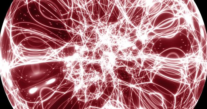 Seamless loop. An abstract luminous sphere demonstrates the dynamic motion of particles moving in a circle. The internal structure of many intertwining lines and dots alternately disintegrates and ref