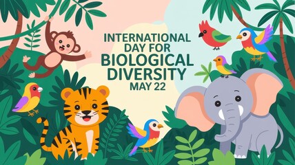 Fototapeta premium International Day for Biological Diversity background with cute cartoon jungle animals like tiger, elephant and monkey