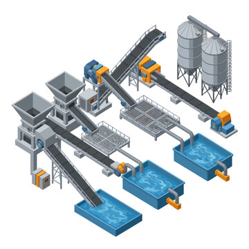 Isometric View of Industrial Processing Plant with Conveyor Belts.