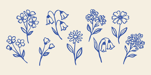 Naklejka na ściany i meble Wildflower set naive doodle vector illustration