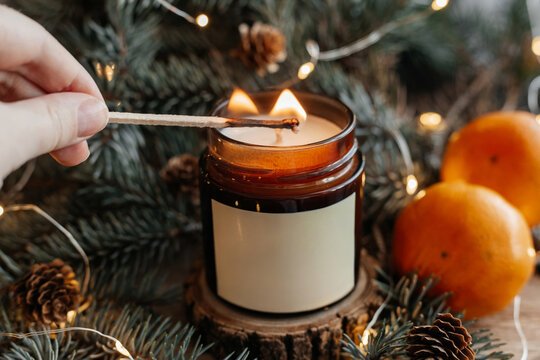 Soy wax candle with festive Christmas decorations