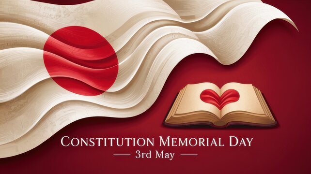 Constitution Memorial Day in Japan on 3rd May, with waving Japanese flag and open book featuring a heart design on a red background