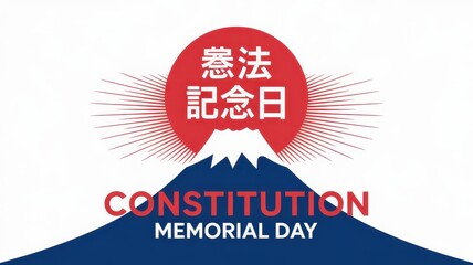 Constitution Memorial Day in Japan with Mount Fuji and rising sun, Japanese text, isolated on white background