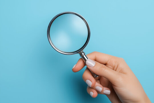 Biology business working detective searching concept banner - Close up of a woman's hand holding a magnifying glass lens in her hand, isolated on blue background