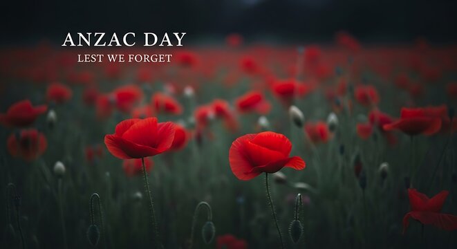 Anzac Day remembrance background with red poppies, Lest We Forget text on dark moody field, commemorative poppy flowers for memorial day