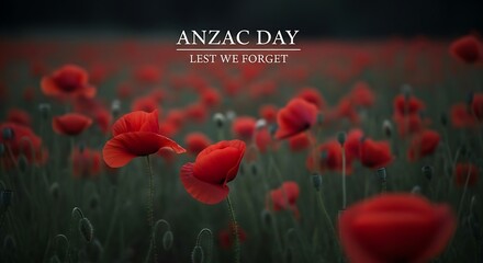 Anzac Day memorial background with red poppy field, Lest We Forget commemorative text, somber remembrance day landscape with blooming poppies