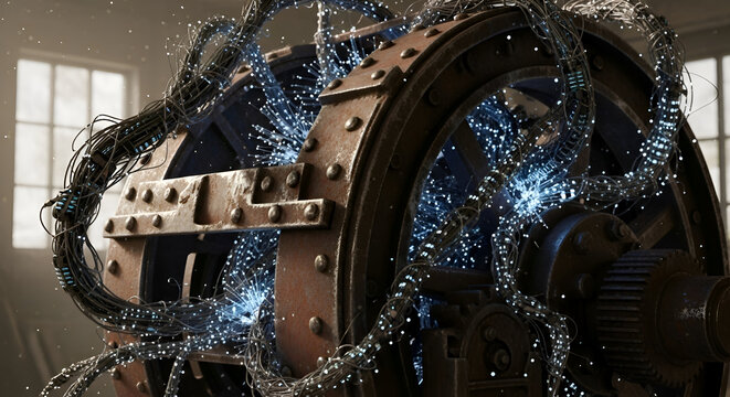 Steampunk Machine Experiment, Electricity Sparks, Water Splashes, Industrial Revolution Era