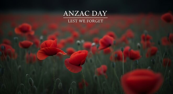 Anzac Day memorial background with red poppy field, Lest We Forget commemorative text, somber remembrance day landscape with blooming poppies