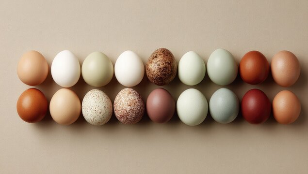 A collection of diverse eggs in various shades and patterns are neatly arranged against a neutral beige background, showcasing a range of natural textures and colors.