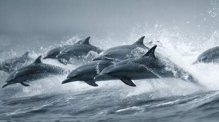 Fototapeta premium Thrilling Moment of Dolphins Leaping Out of Ocean Waves in Black and White