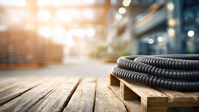 Corrugated Plastic Tubing on Wooden Pallet in Warehouse Setting.
