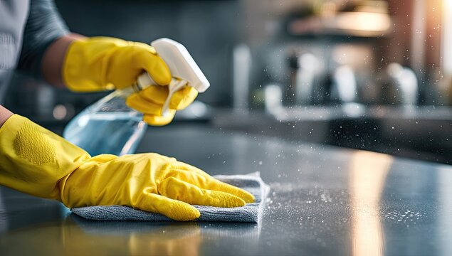 Close-up of hands in yellow gloves cleaning a kitchen countertop with spray cleaner and cloth.
