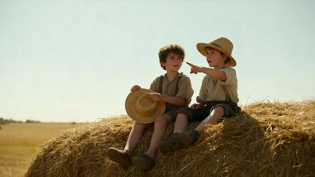 Two boys on hay bale in field