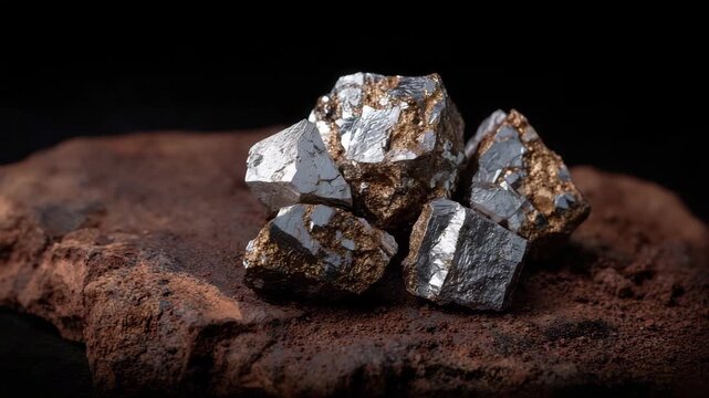 Macro shot of silver nuggets scattered on a rough dark rock, metallic reflections catching ambient light, detailed textures emphasizing natural mineral value, mining exploration, a