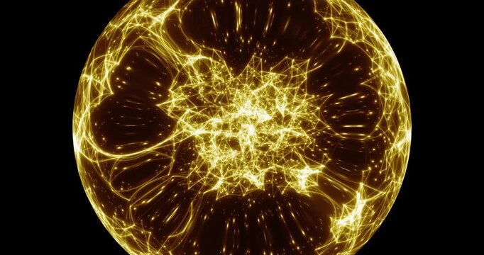 Seamless loop. An abstract luminous sphere demonstrates the dynamic motion of particles moving in a circle. The internal structure of many intertwining lines and dots alternately disintegrates and ref