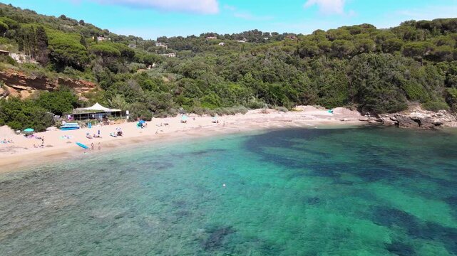 Aerial view of Elba Island. Barabarca Beach and Southern Coastline in summer season. Drone viewpoint. Slow motion