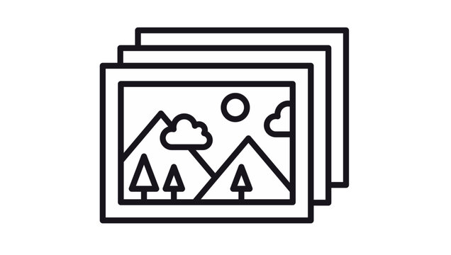 Black vector icon illustration of a stack of photos or a gallery, featuring a minimalist landscape scene with mountains, pine trees, clouds, and a sun, perfect for photography and media apps.
