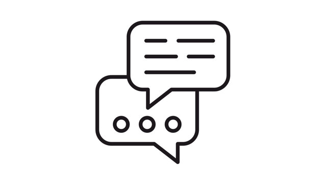Minimalist black vector icon illustration of two overlapping speech bubbles symbolizing communication, online chat, messaging, and customer support, featuring text lines and typing dots.