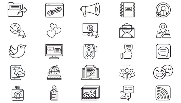 25 Minimalist Black Vector Icon Set Collection for Web and UI Design featuring Communication, Business, Social Media, Technology, Navigation, Multimedia, Marketing, and Office Symbol Bundle.